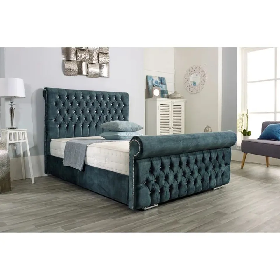 BAGGED HERVELINE UPHOLSTERED KING SIZED PLUSH VELVET BED FRAME - GREY (4 PARTS)