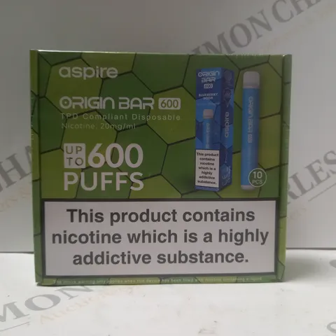 BOX OF APPROX 15 ASPIRE ORIGIN BAR 600 20MG NICOTINE DISPOSABLE VAPES