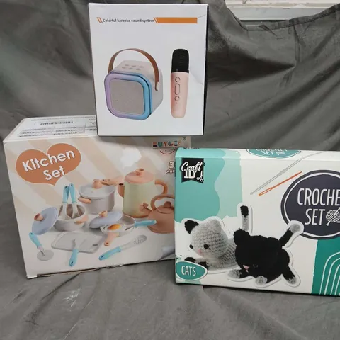 APPROXIMATEY 15 CHILDREN'S TOYS TO INCLUDE KITCHEN PLAY SET, WIRELESS KARAOKE SPEAKER AND CROCHET SET