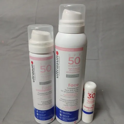 APPROXIMATELY 10 ULTRASUN PRODUCTS TO INCLUDE SPF 50 FACE UV PROTECTION SPRAY BOTTLES + SPF 30 LIP BALM