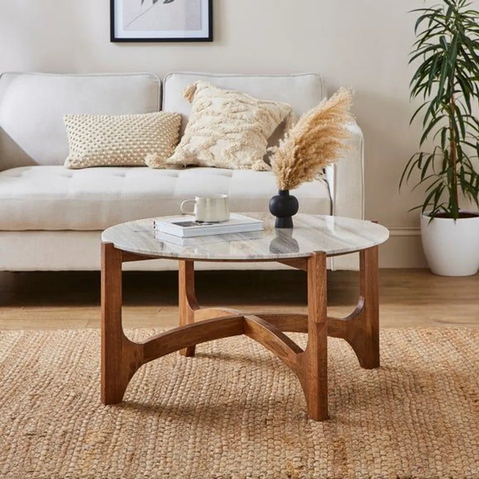 BOXED JAE COFFEE TABLE, MANGO WOOD & GREY MARBLE (1 BOX)
