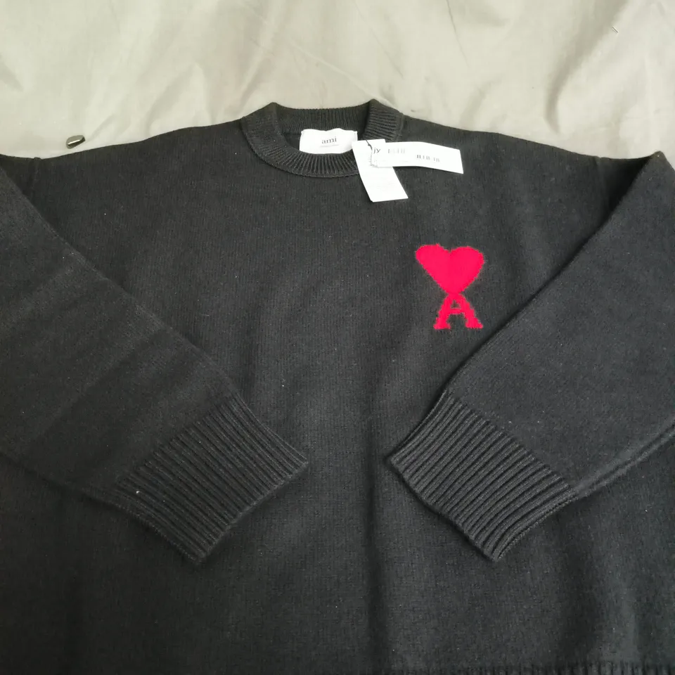 AMI PARIS JUMPER – BLACK WITH RED HEART LOGO, LARGE 