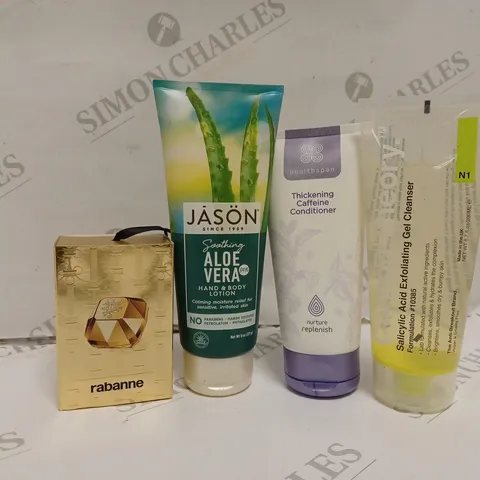 APPROXIMATELY 10 ASSORTED HEALTH AND BEAUTY PRODUCTS TO INCLUDE RABANNE LADY MILLION EAU DE PARFUM 5ML, JASON SOOTHING ALOE VERA HAND AND BODY LOTION, HEALTHSPAN THICKENING CAFFEINE CONDITIONER  
