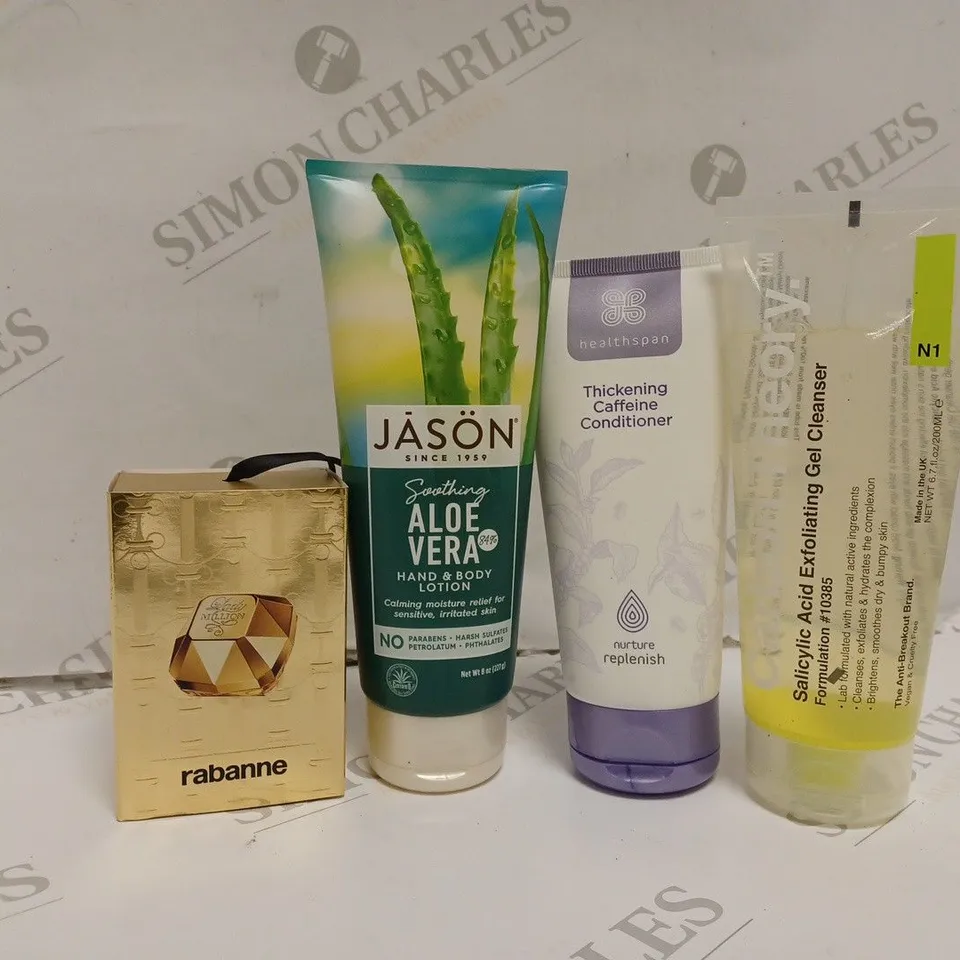 APPROXIMATELY 10 ASSORTED HEALTH AND BEAUTY PRODUCTS TO INCLUDE RABANNE LADY MILLION EAU DE PARFUM 5ML, JASON SOOTHING ALOE VERA HAND AND BODY LOTION, HEALTHSPAN THICKENING CAFFEINE CONDITIONER