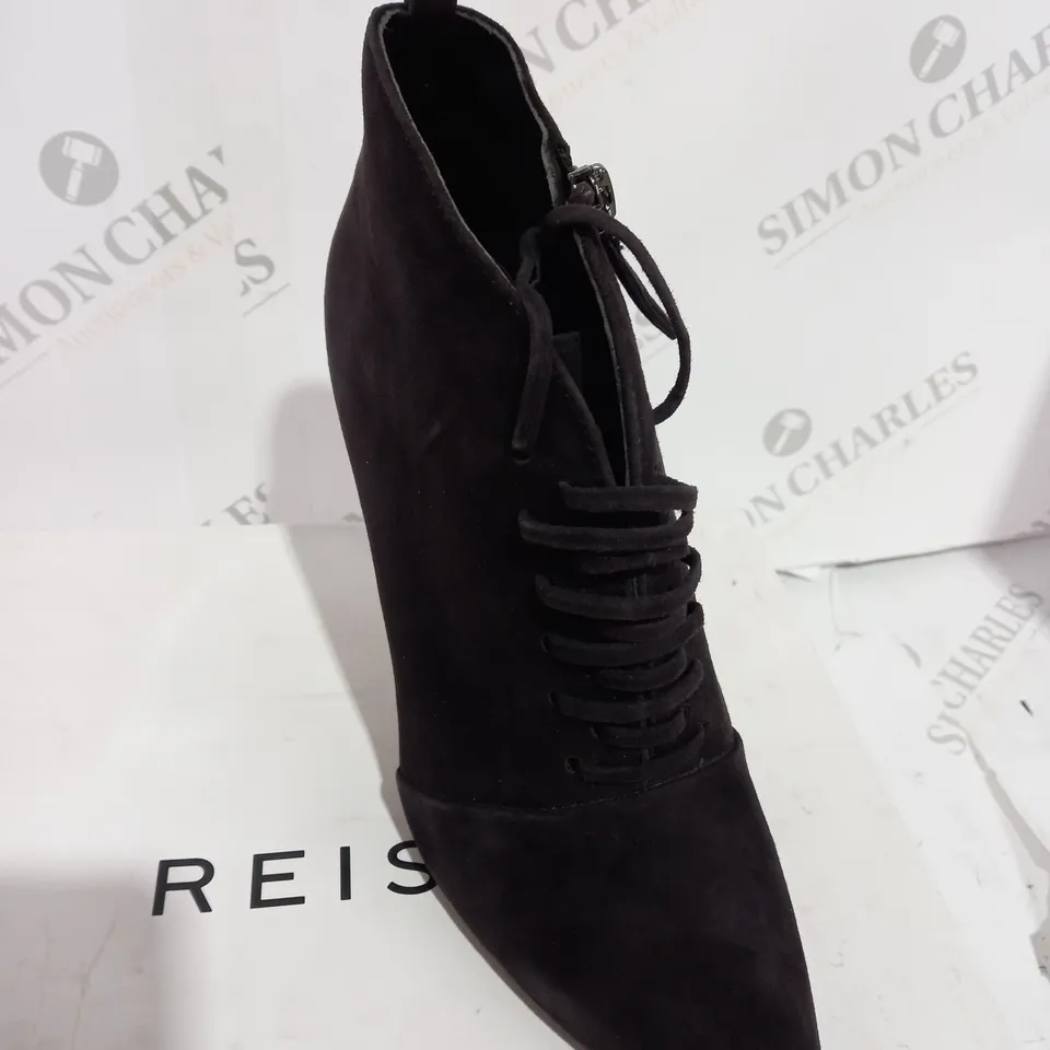 BOXED REISS SUEDE CHOCOLATE BOOT HEELS - SIZE 6