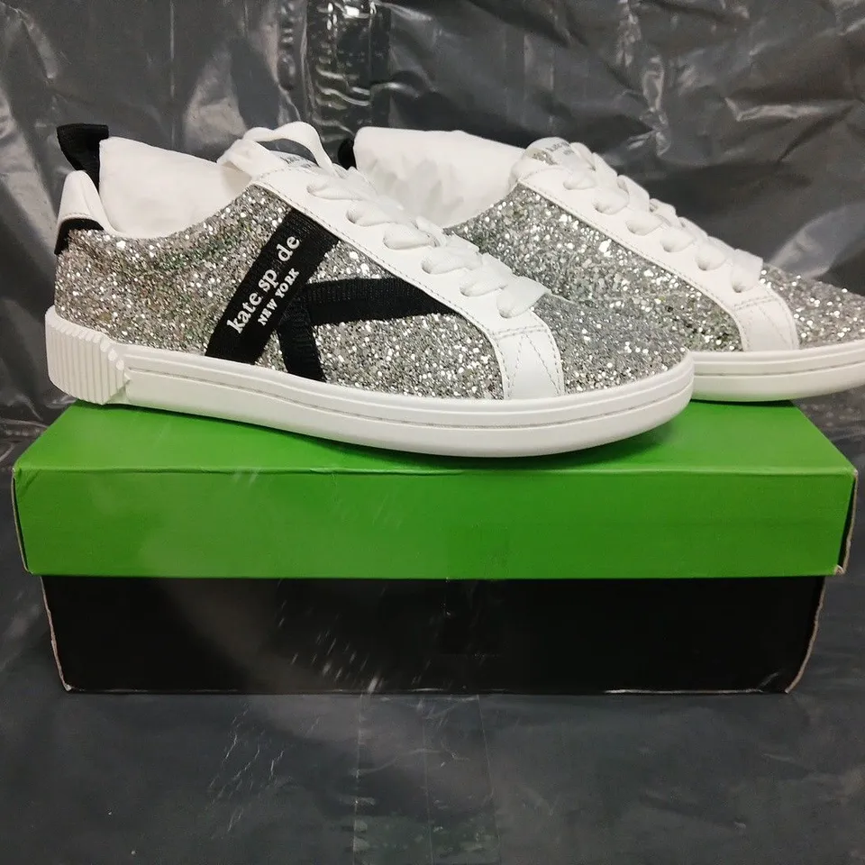 BOXED PAIR OF KATE SPADE SIGNATURE LACE UP SNEAKERS IN SILVER GLITTER SIZE EU 38