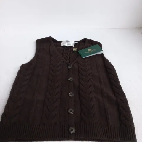 HOLLAND COOPER BROWN CABLE-KNIT SLEEVELESS CARDIGAN, XS