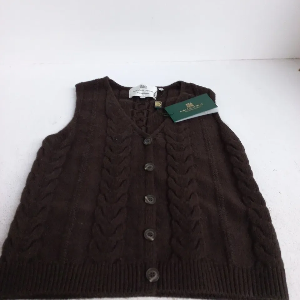 HOLLAND COOPER BROWN CABLE-KNIT SLEEVELESS CARDIGAN, XS