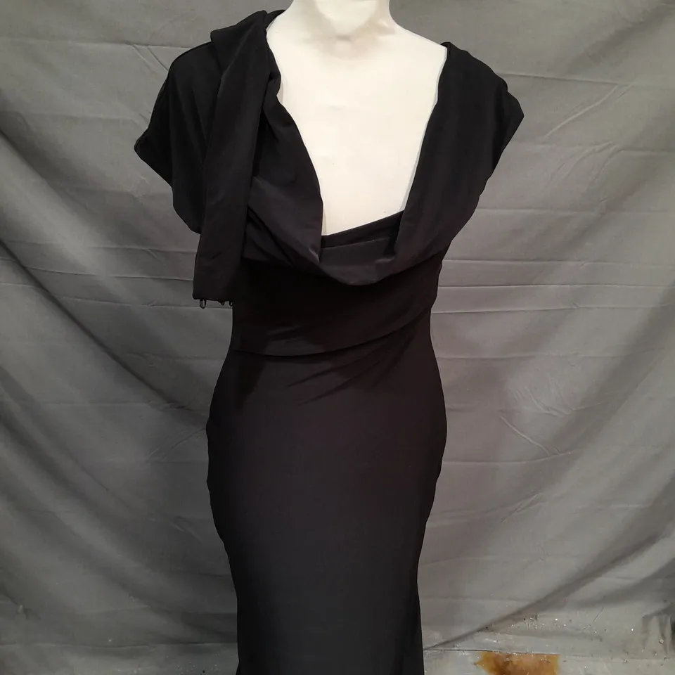 CLUBL MARGAUX BLACK ONE SHOULDER MAXI DRESS WITH HALTER COLLAR - UK 12 