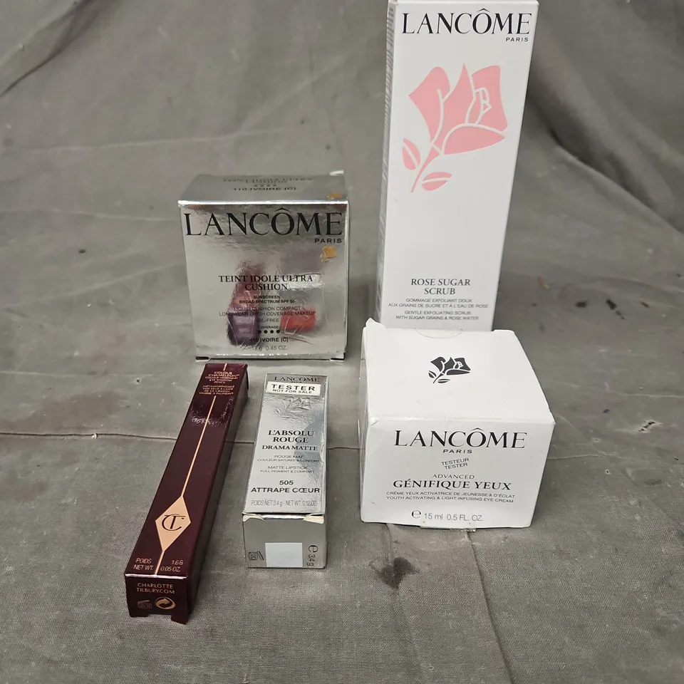 LOT OF 5 ASSORTED COSMETIC PRODUCTS TO INCLUDE - CHARLOTTE TILBURY COLOUR MORCPHING EYE SHADOW PENCIL - LANCOME YOUTH ACTIVATING & LIGHT INFUSING EYE CREAM - LANCOME ROSE SUGAR SCRUB - ETC