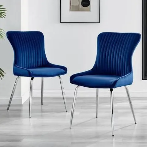 BOXED SET OF 2 NORA BLUE VELVET SILVER LEG DINING CHAIRS