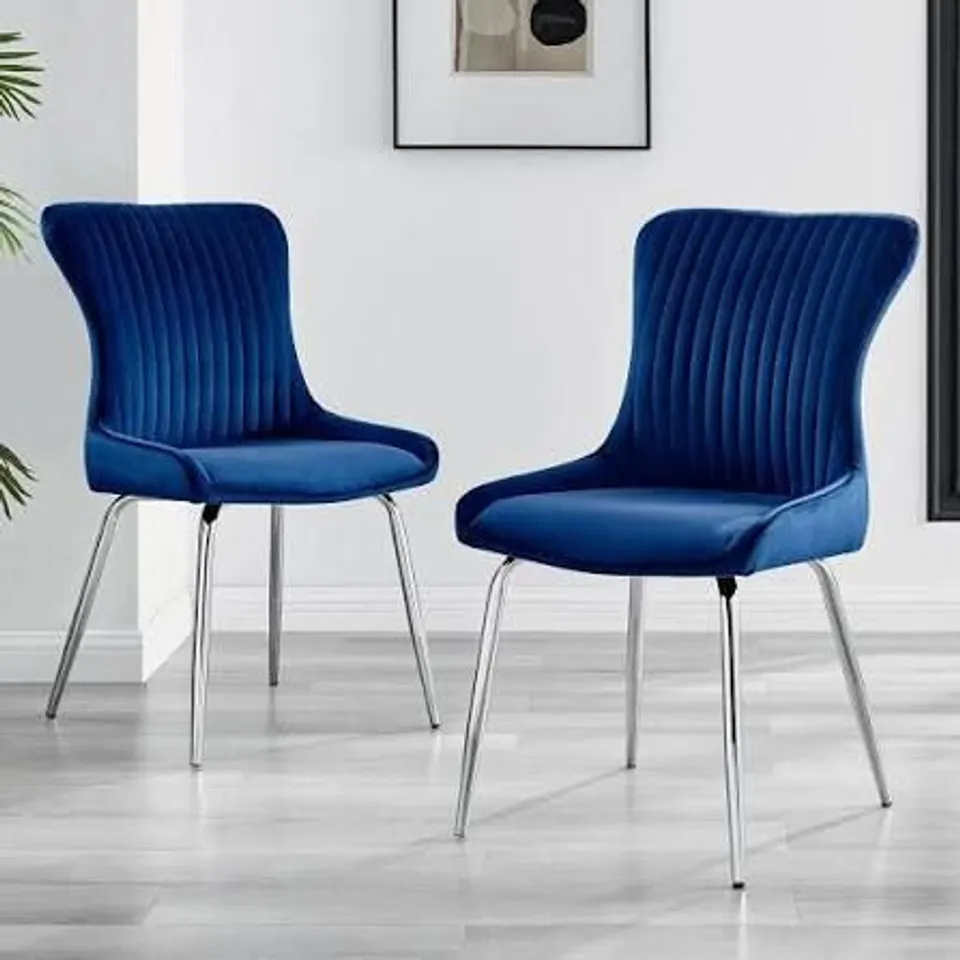 BOXED SET OF 2 NORA BLUE VELVET SILVER LEG DINING CHAIRS