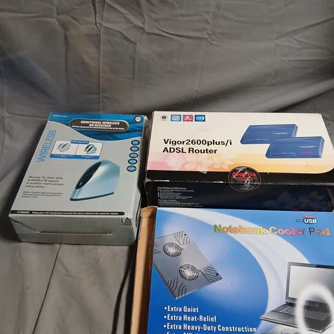 APPROXIMATELY 10 ASSORTED ELECTRICAL PRODUCTS TO INCLUDE NOTEBOOK COOLER FAN, ADSL ROUTER, WIRELESS AV RECEIVER ETC 