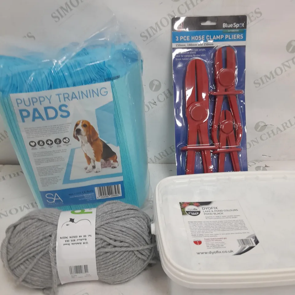 BOX OF APPROX 10 ASSORTED ITEMS TO INCLUDE - PUPPY PADS, CLAMP PLIERS, YARN ETC