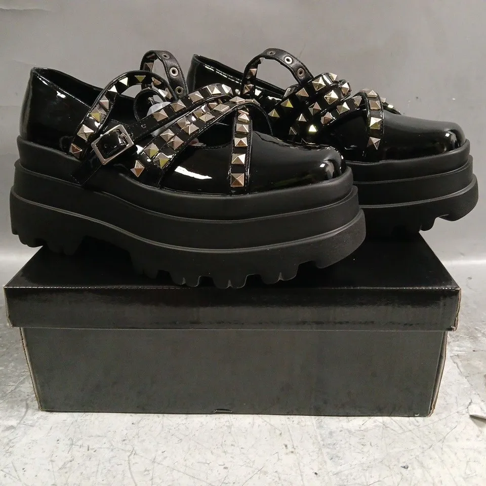 BOXED PAIR OF KOI SIMA STUDDED PLATFORM BALLET SHOES IN BLACK - UK 5