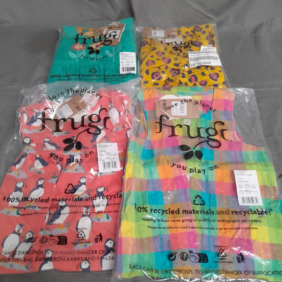 FRUGI LOT OF 4 ASSORTED ITEMS OF CLOTHING TO INCLUDE - LACEY REVERSIBLE DUNGAREE 12-18M - JESSE SEERSUCKER DUNGAREE 18-24M - DEE DRESS 12-18M