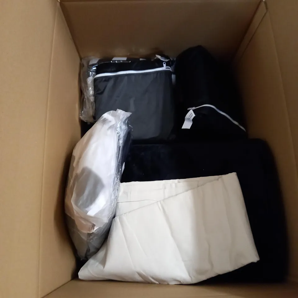 LARGE BOX OF APPROXIMATELY 20 ASSORTED HOUSEHOLD ITEMS TO INCLUDE: TINY CUSHIONS, PACKAGED BED SHEETS, RUCKSACK