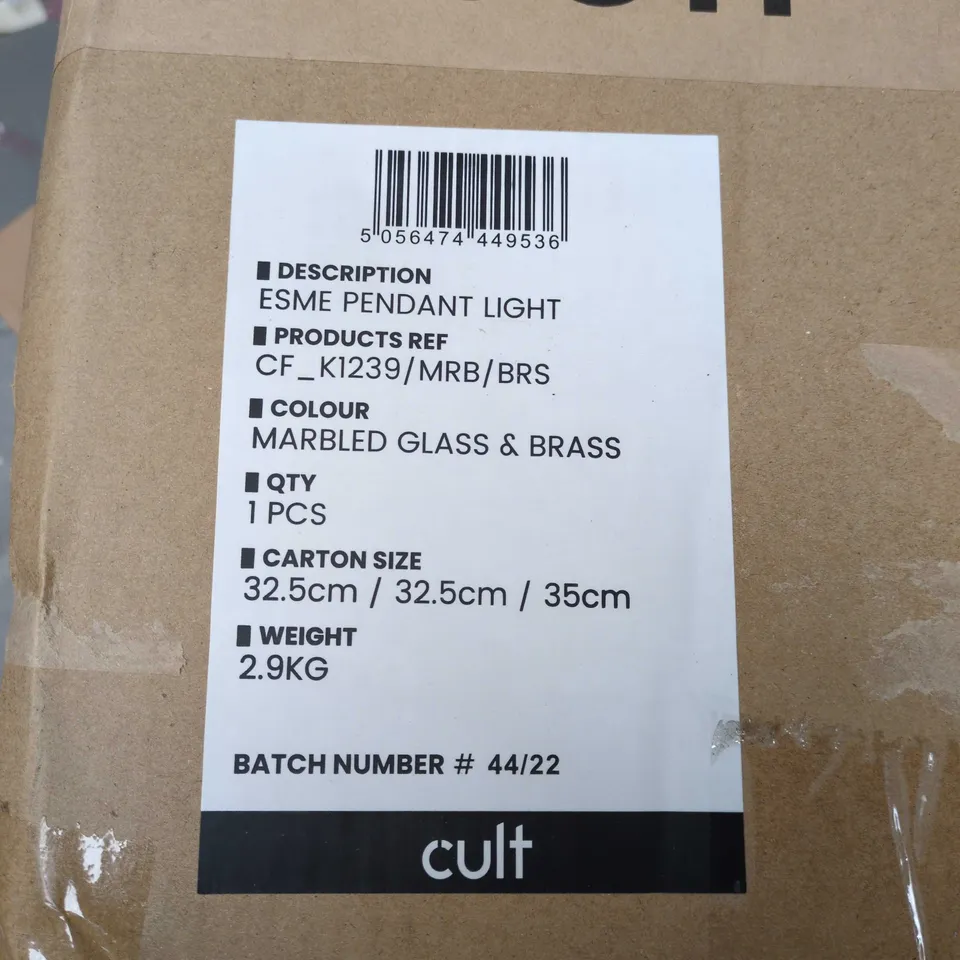 CULT ESME PENDANT LIGHT – MARBLED GLASS & BRASS