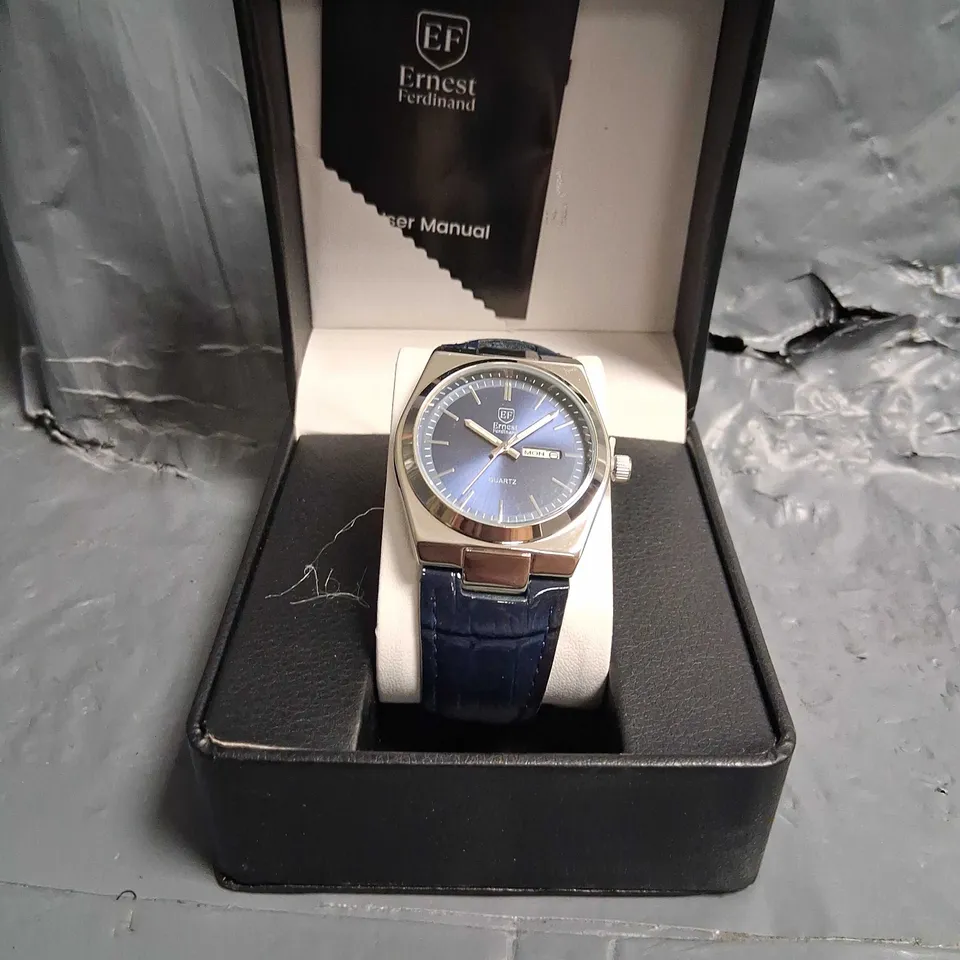 ERNEST FERDINAND EF QUARTZ WATCH – BLUE DIAL, DAY-DATE, LEATHER STRAP
