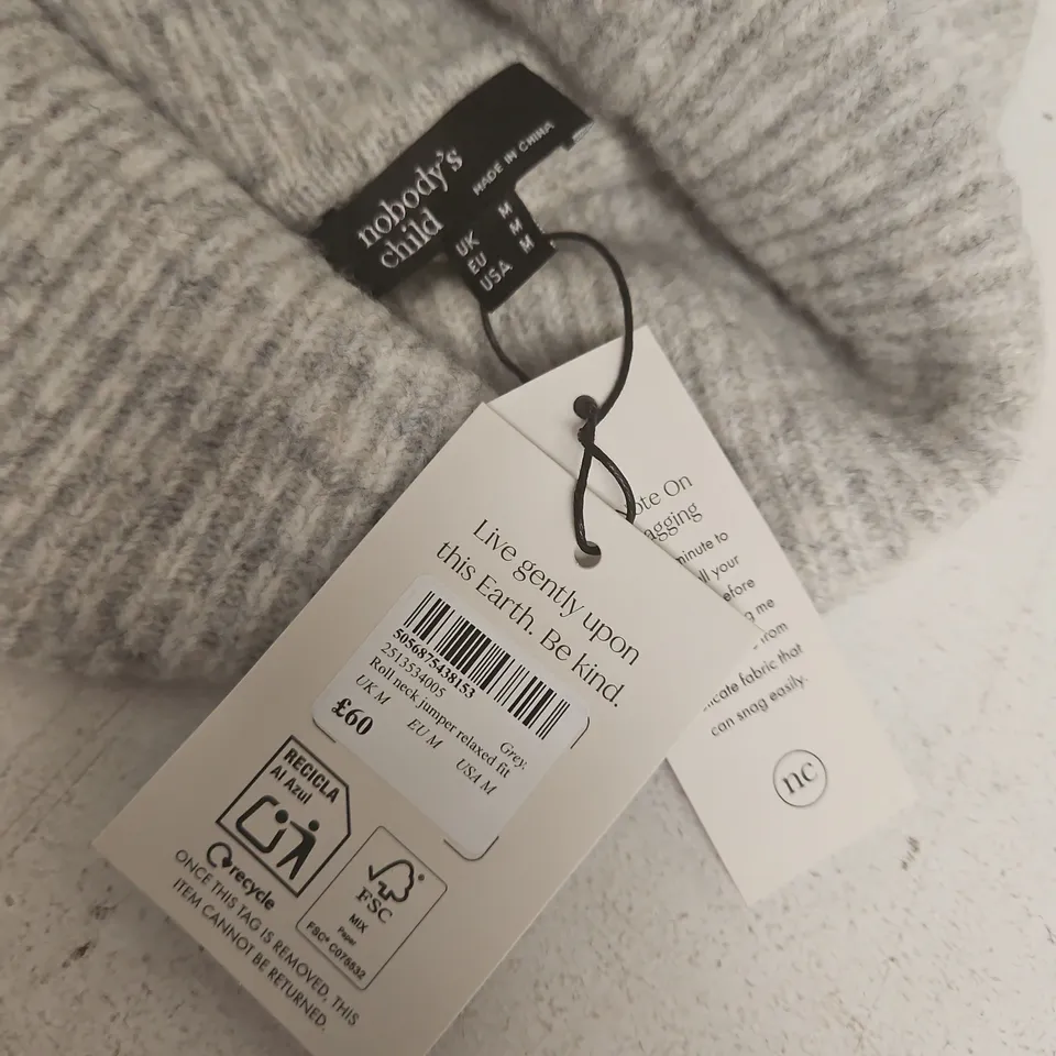 NOBODYS CHILD ROLL NECK RELAXED FIT JUMPER IN GREY - UK M