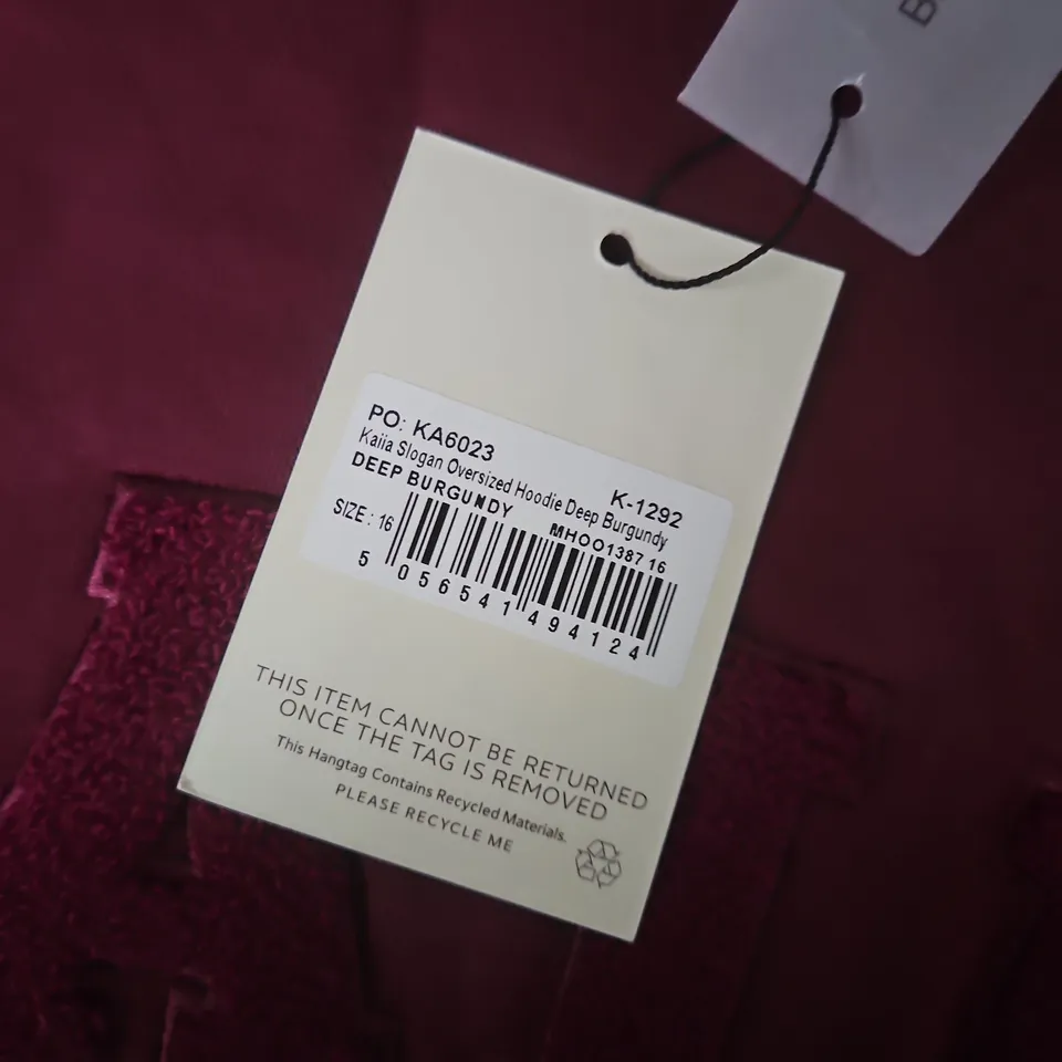 KAILA SLOGAN OVERSIZED HOODIE – DEEP BURGUNDY, UK 16