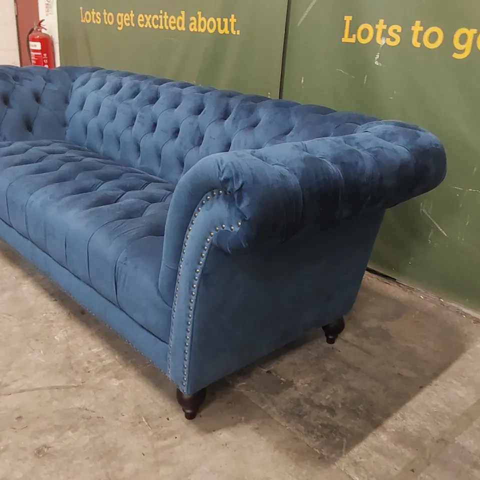 QUALITY DESIGNER BENNER 222CM VELVET SCROLL ARM CHESTERFIELD SOFA - BLUE VELVET FABRIC