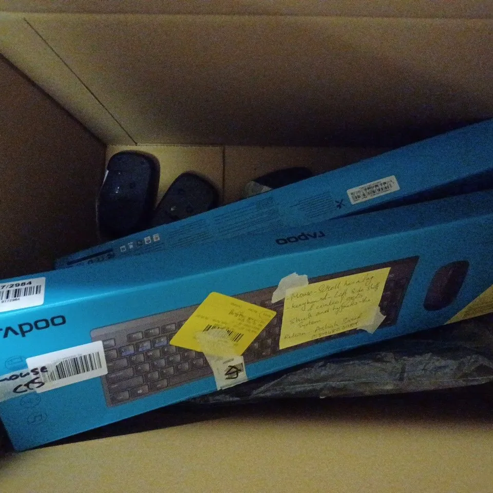 BOX OF APPROX 10 RAPOO ITEMS INCLUDING WIRELESS KEYBOARDS, WIRELESS MICE AND WIRED MOUSE