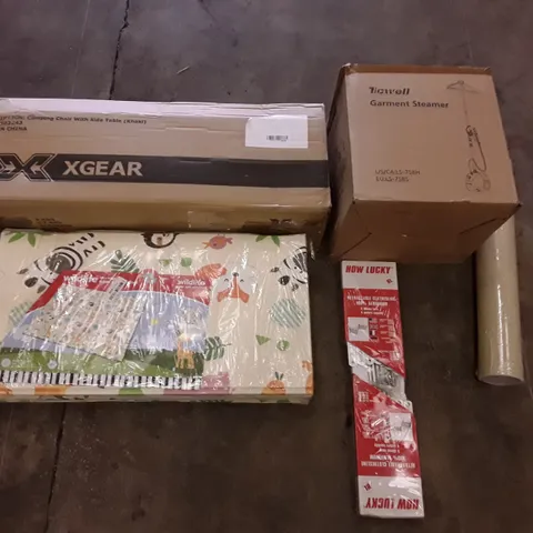PALLET OF ASSORTED PRODUCTS TO INCLUDE; TIDWELL GARMENT STEAMER - HOW LUCKY CLOTHESLINE -WILDLIFE SOFT PLAY MAT ECT