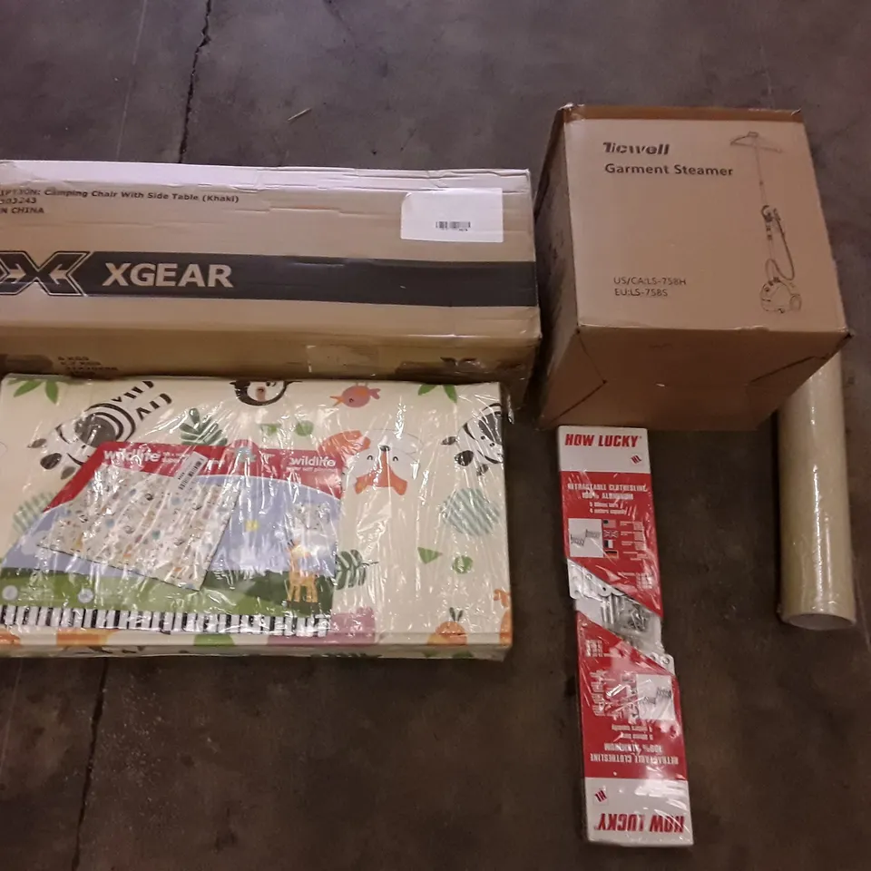 PALLET OF ASSORTED PRODUCTS TO INCLUDE; TIDWELL GARMENT STEAMER - HOW LUCKY CLOTHESLINE -WILDLIFE SOFT PLAY MAT ECT