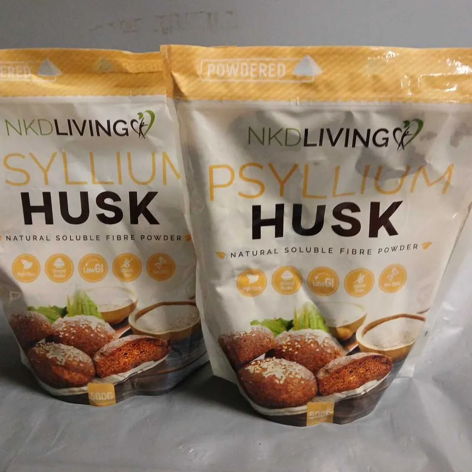 LOT OF 2 500G PACKS OF NKD LIVING PSYLLIUM HUSK SOLUABLE FIBRE POWDER