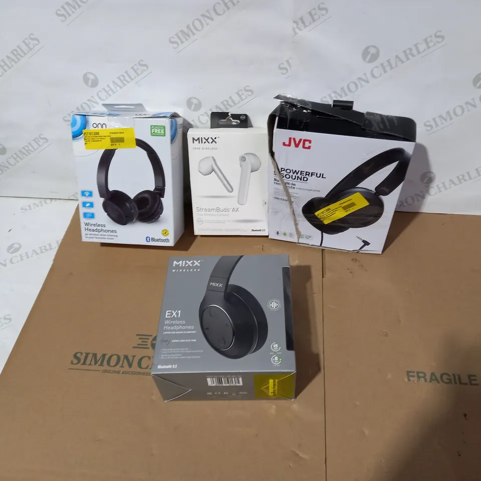 LOT OF 4 ASSORTED HEADPHONES TO INCLUDE JVC, ONN, MIXX TRUE WIRELESS ETC