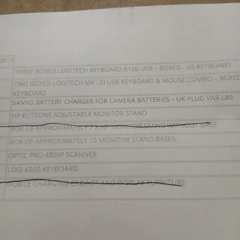 CAGE OF APPROXIMATELY 7 ASSORTED PRODUCTS TO INCLUDE; LOGITECH KEYBOARDS, SANYO BATTERY CHARGER, OPTIC PRO SCANNER AND MONITOR STAND BASES