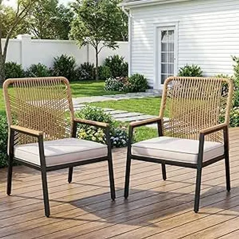 BOXED SET OF 2 RATTAN METAL GARDEN CHAIRS WITH 8 CM THICK CUSHION - BEIGE (2 BOXES)