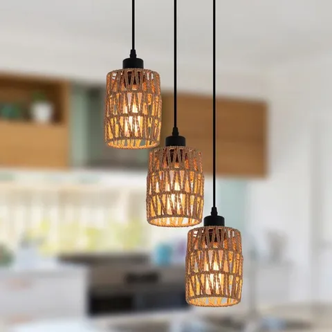BOXED 3-LIGHT RATTAN CLUSTER CYLINDER PENDANT 