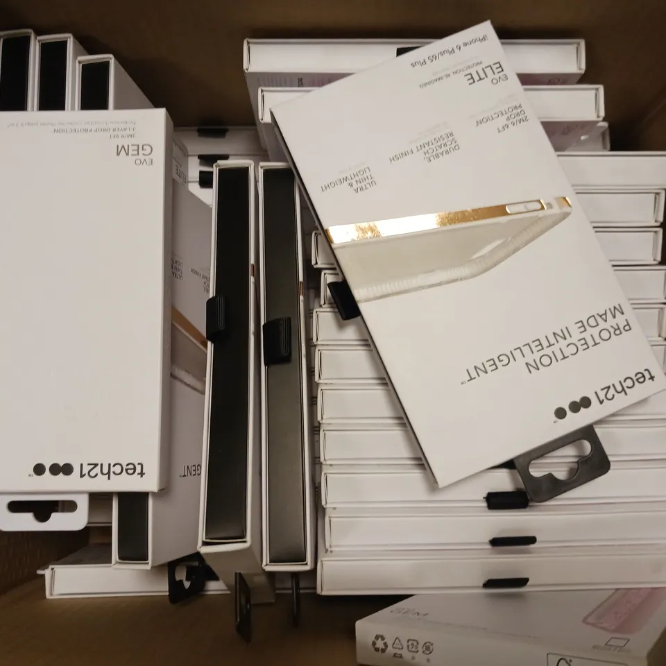 BOX OF APPROX 35 TECH21 PHONE CASES TO INCLUDE - EVO ELITE IPHONE 6 PLUS /6S PLUS , EVO GEM IPHONE 7 PLUS 