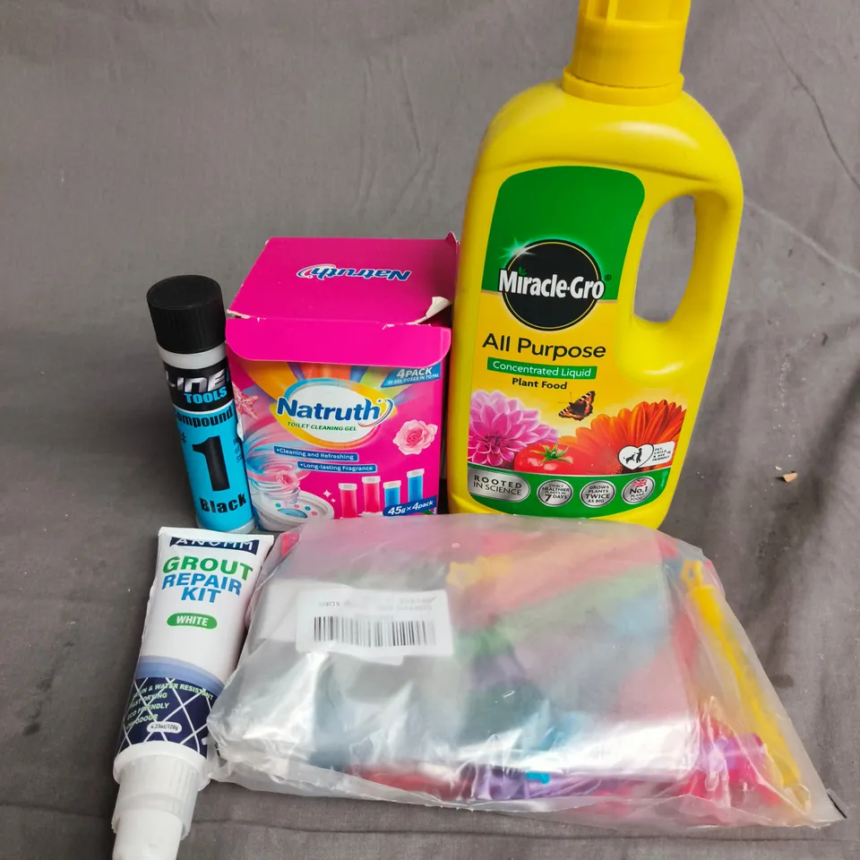 BOX OF ASSORTED ITEMS TO INCLUDE MIRACLE-GRO ALL PURPOSE PLANT FOOD CONCENTRATED LIQUID – GARDEN & CLEANING BUNDLE (NATRUTH TOILET CLEANING GEL 4-PACK; GROUT REPAIR KIT