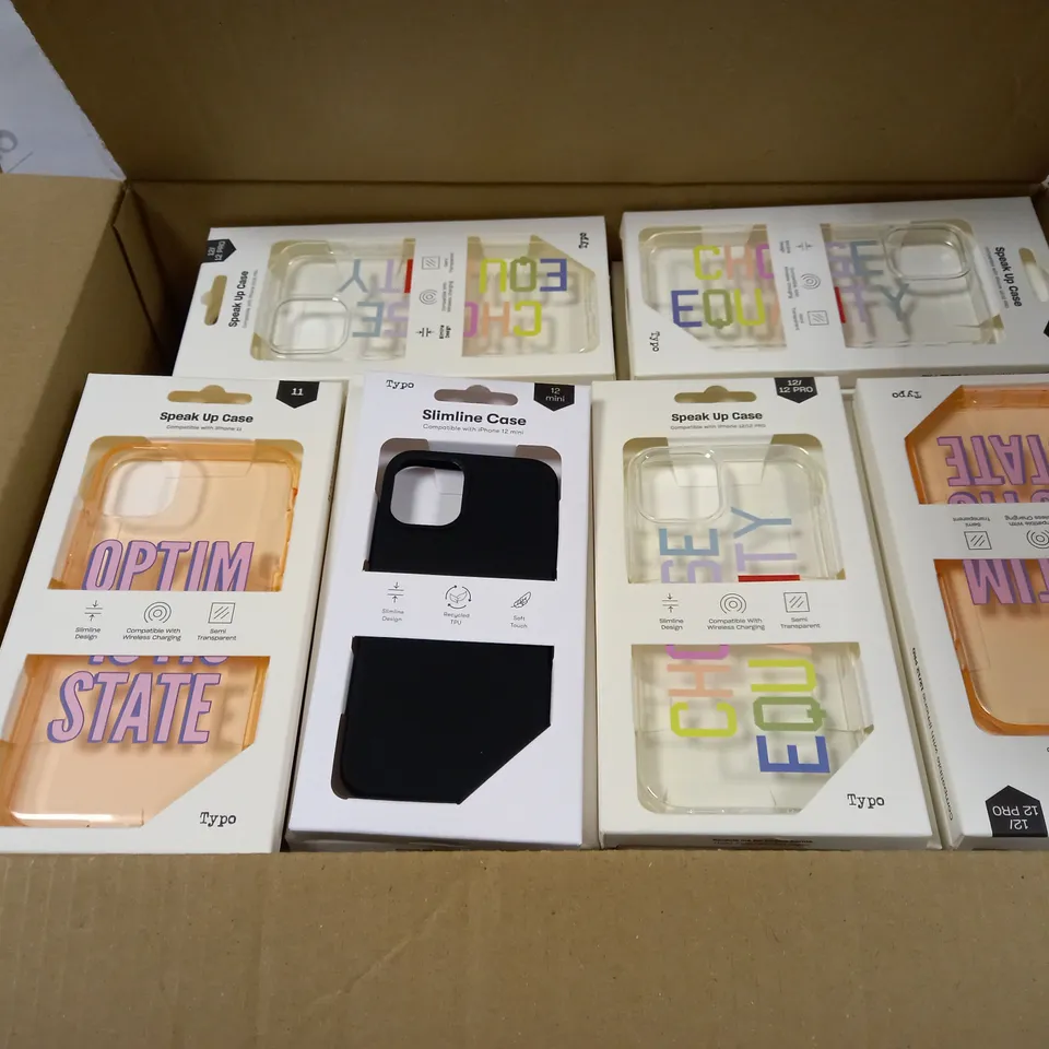 BOX OF APPROXIMATELY 52 TYPO PHONES CASES ('SLIMLINE CASE' & 'SPEAK UP CASE') FOR IPHONE 11, 12 MINI, 12/12PRO IN VARYING COLOURS