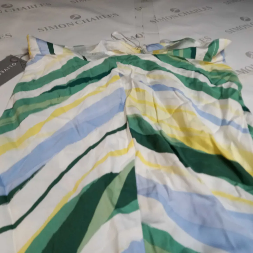 OLIVER BONAS STRIPE SATIN MIDI SKIRT IN GREEN/WHITE/YELLOW/BLUE - UK 10