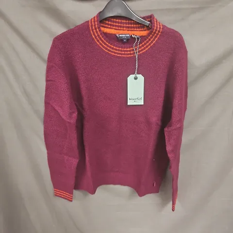 WEIRD FISH MAROON KNIT WITH ORANGE STRIPES – WOMEN'S SWEATER, UK 14