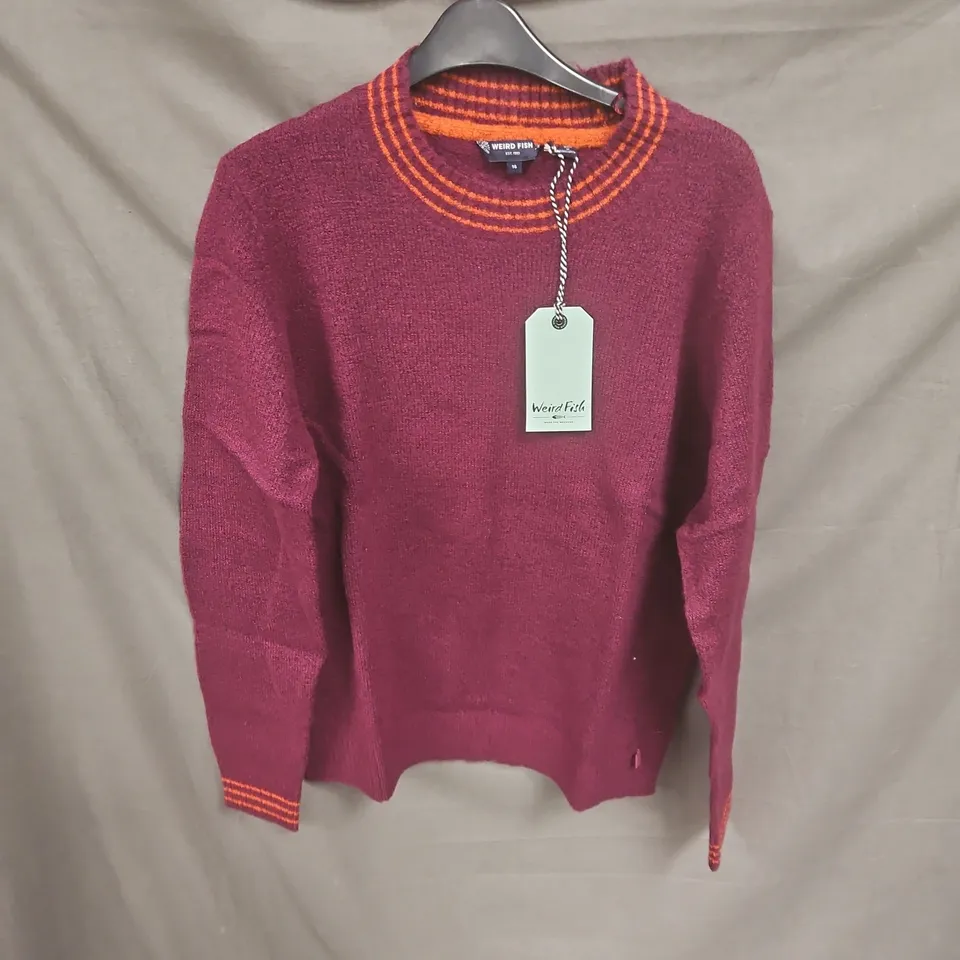 WEIRD FISH MAROON KNIT WITH ORANGE STRIPES – WOMEN'S SWEATER, UK 14