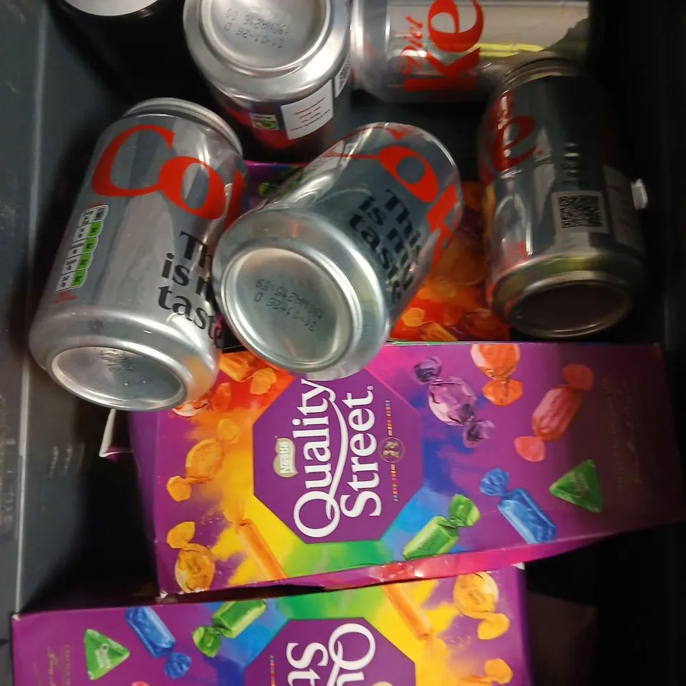 APPROXIMATELY 10 ASSORTED FOOD/DRINK PRODUCTS TO INCLUDE QUALITY STREET, DIET COKE, SUGAR PASTE ETC