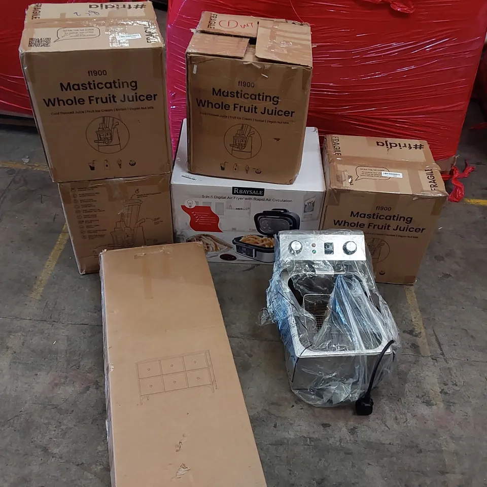 PALLET OF ASSORTED CONSUMER PRODUCTS TO INCLUDE; F1900 MASTICATING WHOLE FRUIT JUICERS, SOUTH BASE COMMERCIAL FRYER, AIR FRYER, CABINET ECT