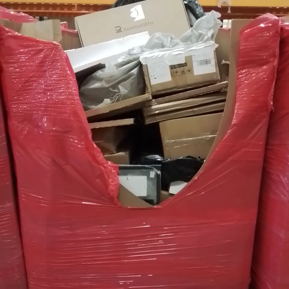 PALLET CONTAINING VARIOUS ASSORTED BOXED HOUSEHOLD ITEMS TO INCLUDE: AREA RUG, SHOWER SYSTEMS, VERTICAL CLIMBING STAIR STEPPER AND LOTS MORE UNMARKED BOXED ITEMS