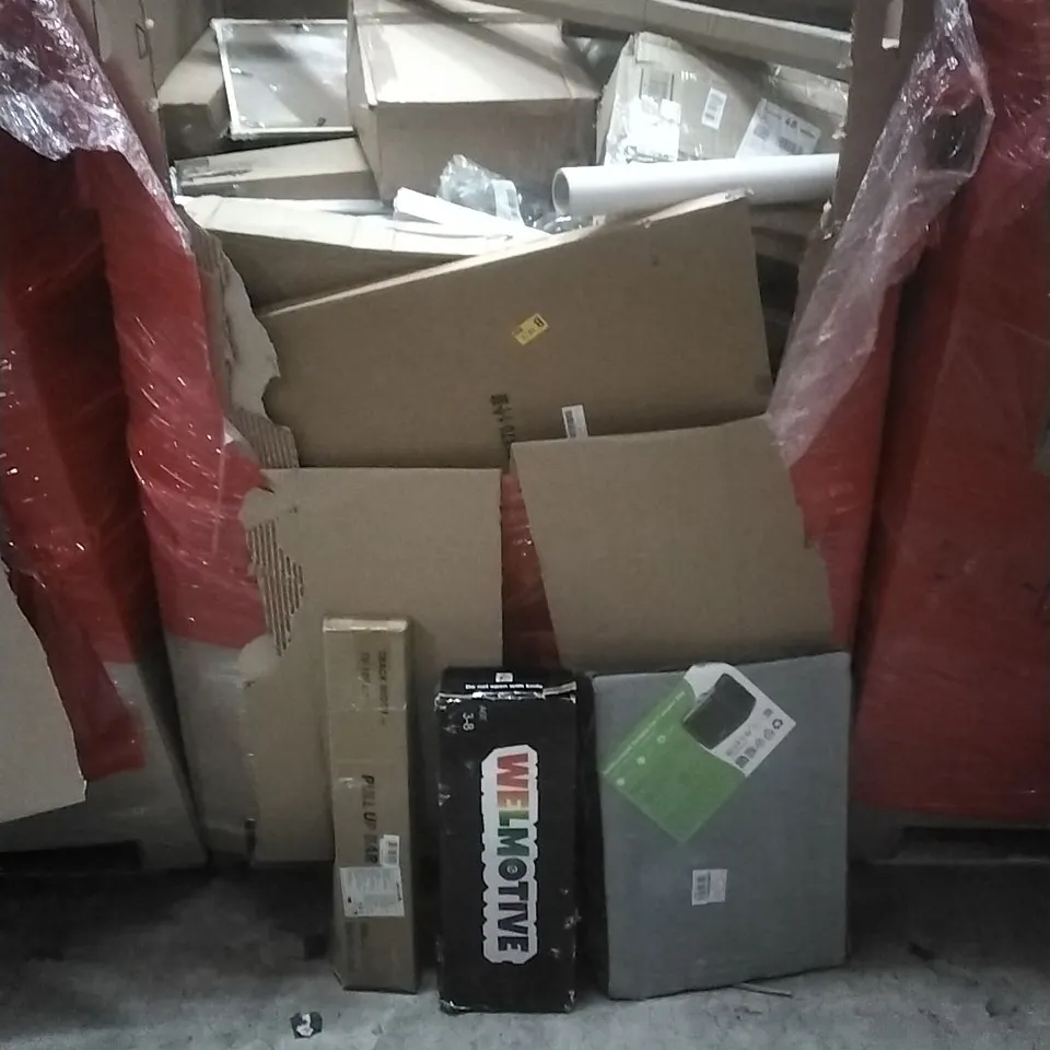 PALLET OF ASSORTED HOUSEHOLD GOODS AND PRODUCTS TO INCLUDE; SCOOTER, PET TRANSPORT BAG, PULL UP BAR, BOXED FURNITURE ETC