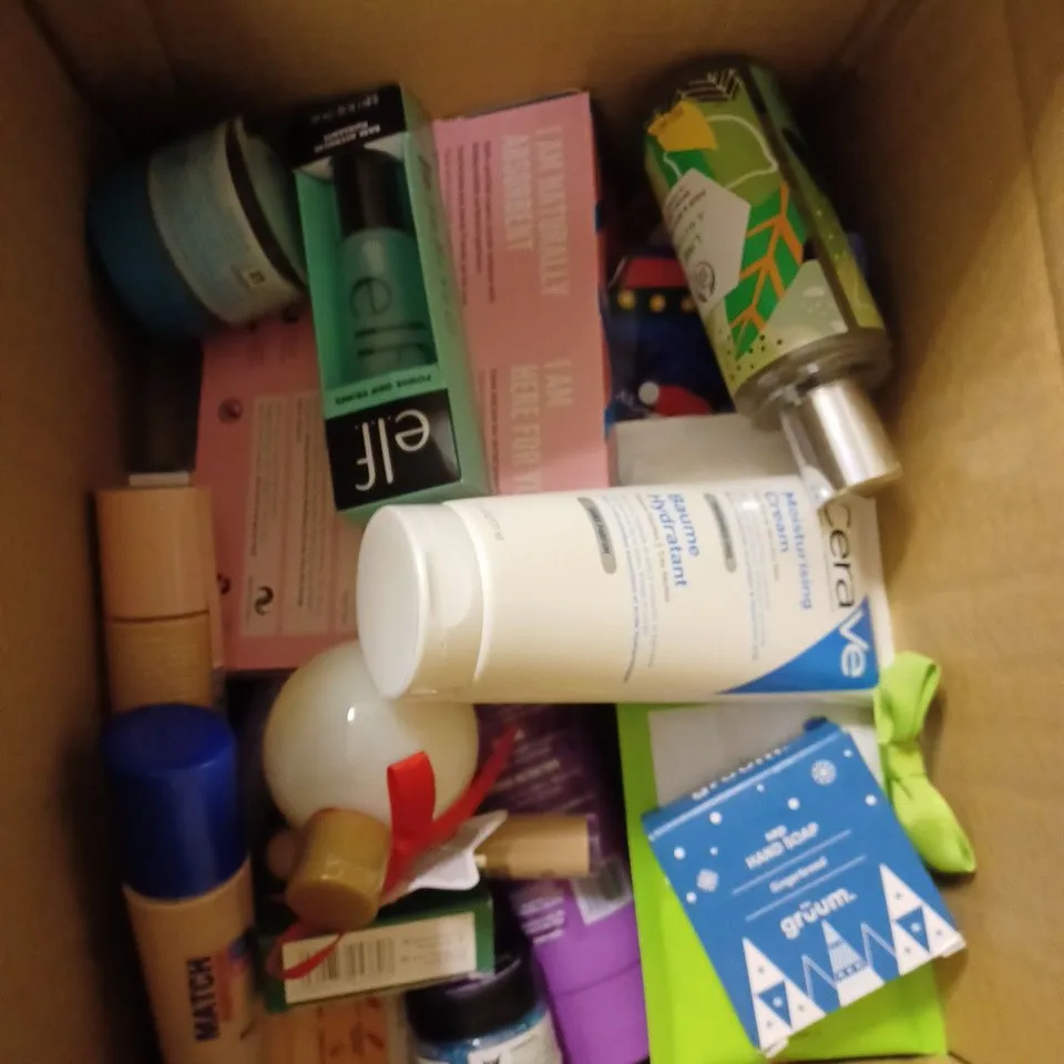 BOX OF APPROXIMATELY 15 ASSORTED COSMETIC ITEMS TO INCLUDE CERAVE MOISTURISER, ELF FLOW FILTER, LIME BODY MIST ETC