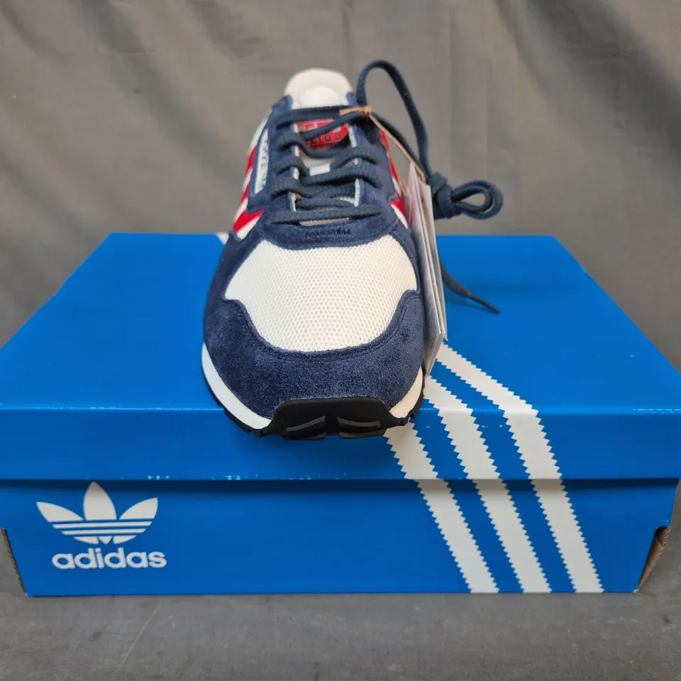 BOXED PAIR OF ADIDAS TREZIOD 2 SHOES IN WHITE/NAVY/RED UK SIZE 8.5