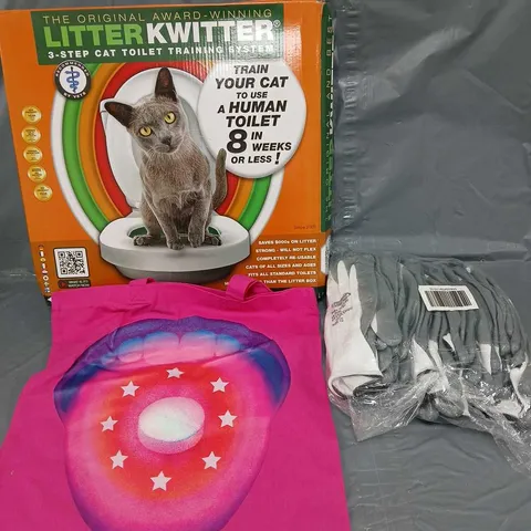 APPROXIMATELY 10 HOUSEHOLD ITEMS TO INCLUDE CAT TOILET SEAT TRAINING SYSTEM, WORK GLOVES AND TOTE BAGS
