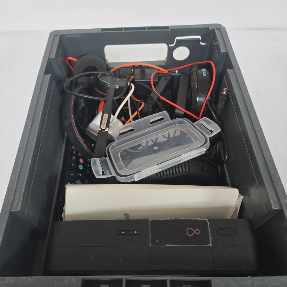 APPROXIMATELY 10 ASSORTED ELECTRICAL PRODUCTS TO INCLUDE TV BOX, POWER SUPPLIES, HEADSET ETC