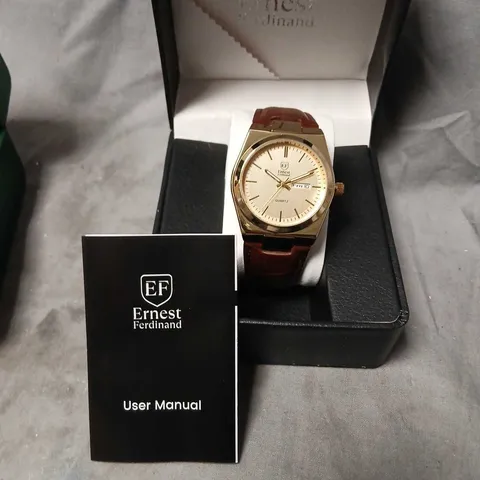 ERNEST FERDINAND EF QUARTZ WRISTWATCH – GOLD-TONE CASE, BROWN LEATHER STRAP