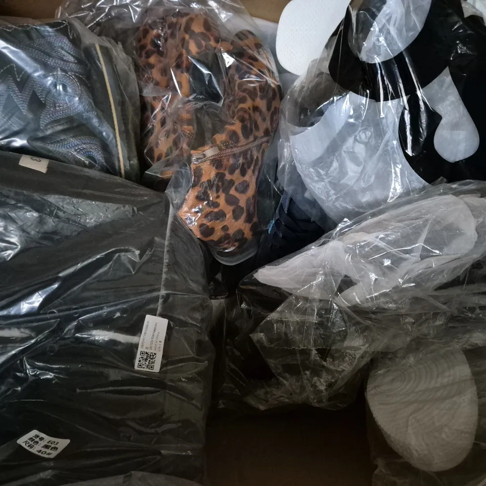 BOX OF APPROXIMATELY 15 ASSORTED PAIRS OF SHOES AND FOOTWEAR ITEMS IN VARIOUS COLOURS, STYLES, AND SIZES - COLLECTION ONLY